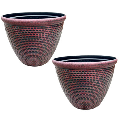 B&Q -  Set Of 2 Red Cromarty Plant Pot Large 36Cm Plastic Round Flower Garden Patio Planter