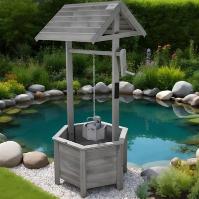 Gr8 Garden Wooden Grey Wishing Well Bucket Planter Plant Flower Pot Garden Patio Ornament from B&Q