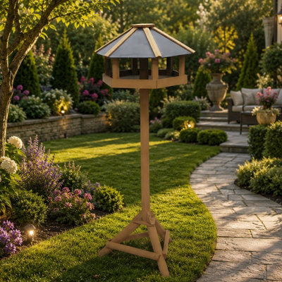 B&Q -  Hexagonal Wooden Bird Feeding Station Table Stand With Roof Outdoor Garden Wild Bird Feeder