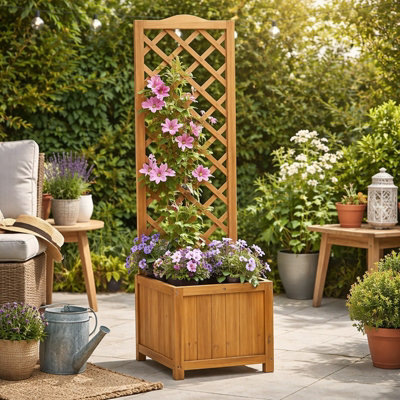 B&Q -  Square Wooden Garden Planter With Trellis Outdoor Flower Box For Climbing Plants Patio