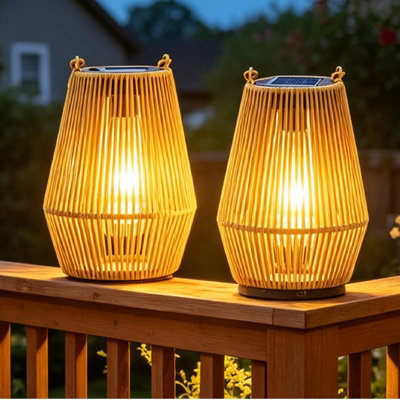 Gr8 Garden Set Of 2 Solar Hanging Rattan Lantern Led Garden Patio Lights Natural Ip44 from B&Q