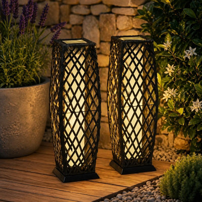 Gr8 Garden Set Of 2 Solar Rattan Lantern Led Garden Path Lights Charcoal from B&Q