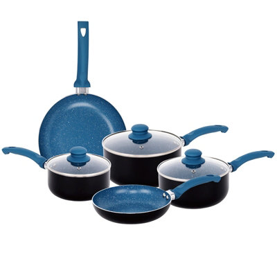 B&Q -  Blue Aluminium 8 Pc Marble Ceramic Non Stick Induction Frying Pan Saucepan Set