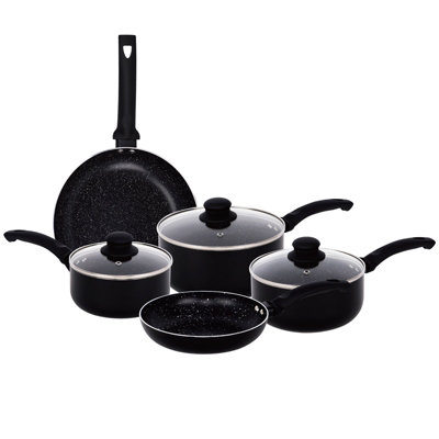 B&Q -  Black Aluminium 8 Pc Marble Ceramic Non Stick Induction Frying Pan Saucepan Set