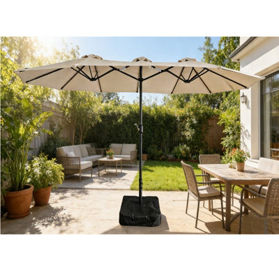 B&Q -  4.6M Patio Parasol Large Double Sided Garden Umbrella Crank Handle Base Beige