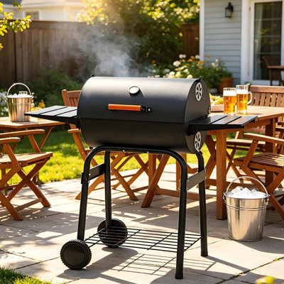 Gr8 Garden Large Charcoal Bbq Barrel Grill Smoker With Thermometer Side Table And Wheels Outdoor Garden Cooker from B&Q