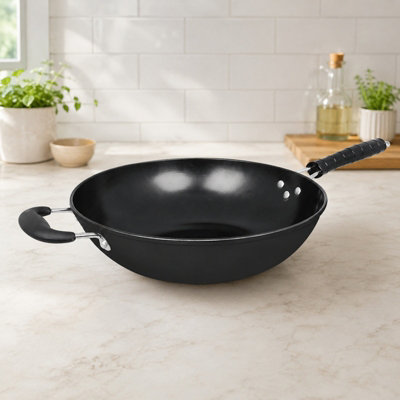 Rackhams Black 34Cm Non Stick Carbon Steel Stir Fry Wok Pan - Image 3