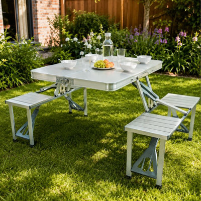 B&Q -  Aluminium Folding Camping Picnic Table & 4 Chairs Set Portable Outdoor Garden Bench For Camping Bbq Picnic & Patio