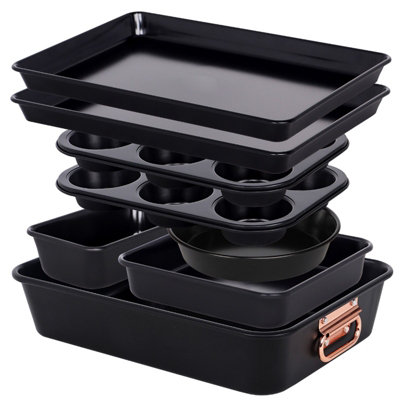 Gr8 Home 8Pc Non Stick Bakeware Set Stackable Black Oven Baking Trays Muffin Tin Loaf Pan Roaster Set from B&Q