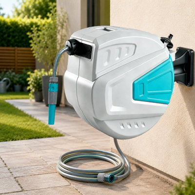 B&Q -  Wall Mounted Retractable Garden Hose Reel 20M + 2M Auto Rewind