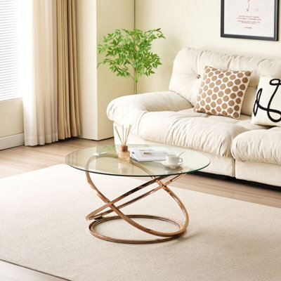 Comfy Living Round Abstract Tempered Glass Coffee Table Chrome Effect Frame In Gold from B&Q