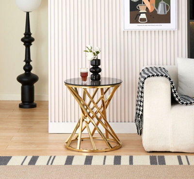 Comfy Living Round Geometric Design Gold Metal Side Table With Tinted Glass Tempered Top from B&Q