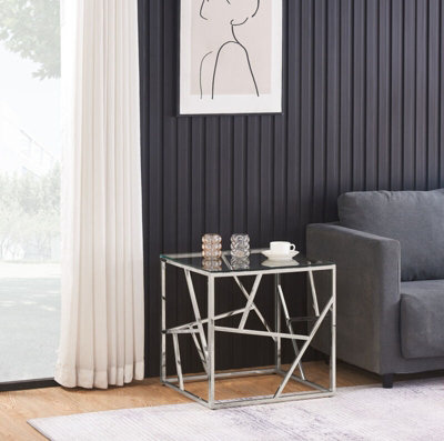 Comfy Living Glass And Silver Metal Square End Table Side Table from B&Q