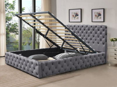 Comfy Living 4Ft6 Grey Tufted Fabric Gas Lift Ottoman Bed Frame