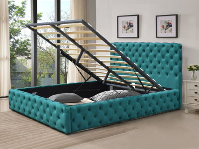 Comfy Living 4Ft6 Green Tufted Fabric Gas Lift Ottoman Bed Frame