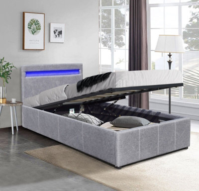 Comfy Living 3Ft Single Fabric Gas Lift Ottoman Bedframe With Led Strip In Light Grey
