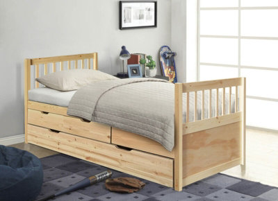 Comfy Living 3Ft Pine Wooden Trundle Bed With Storage Drawers In Natural