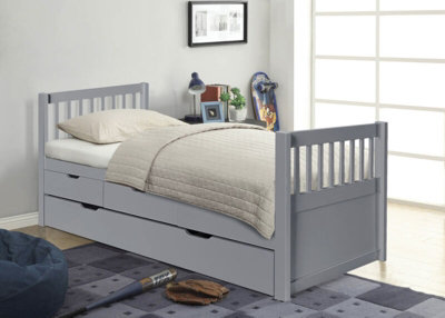Comfy Living 3Ft Pine Wooden Trundle Bed With Storage Drawers In Grey