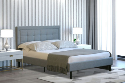 Comfy Living 4Ft6 Buttoned Headboard Light Grey Fabric Bed Frame from B&Q