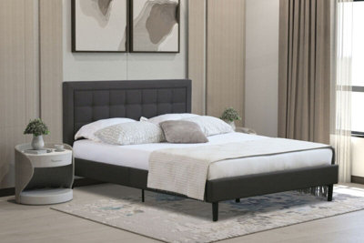 Comfy Living 4Ft6 Buttoned Headboard Dark Grey Fabric Bed Frame from B&Q