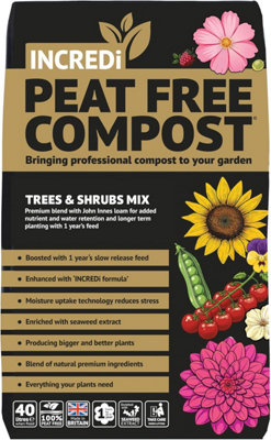 Thompson & Morgan Incredipeatfree Premium Tree & Shrub Compost With John Innes Peat Free Growing Medium 40L + 120G Incredibloom Fertiliser from B&Q
