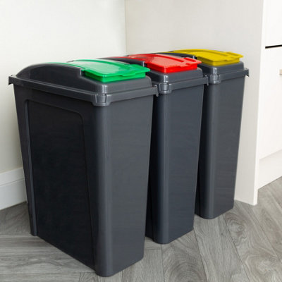 Wham 3 Piece 25L Plastic Recycle Bin Graphite/Assorted ( Lids) Red/Green/Yellow