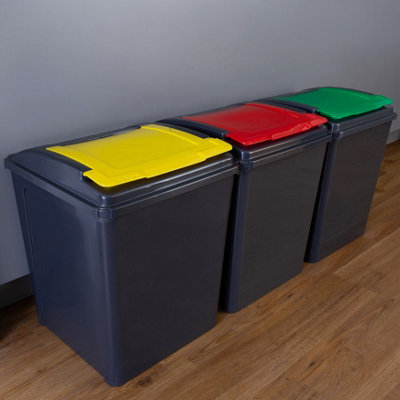 B&Q -  3 Piece 50L Plastic Recycle Bin Graphite/assorted (Red/green/yellow Lids)