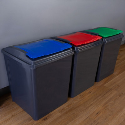 B&Q -  3 Piece 50L Plastic Recycle Bin Graphite/assorted (Red/blue/green Lids)