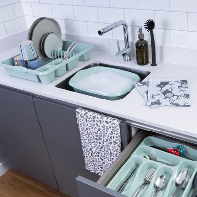 Wham 3 Piece Casa Plastic Kitchen Set Silver Sage (38Cm Rectangular BowlLarge Cutlery Tray & Large Dish Drainer) from B&Q