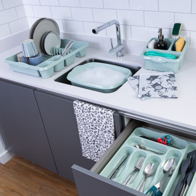 Wham 4 Piece Casa Plastic Kitchen Set Silver Sage (38Cm Rectangular BowlLarge Cutlery TrayLarge Dish Drainer & Sink Tidy) from B&Q
