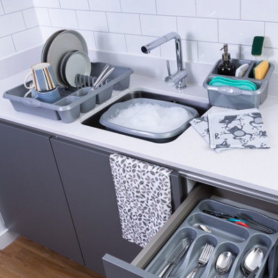 Wham 4 Piece Casa Plastic Kitchen Set Silver (38Cm Rectangular BowlLarge Cutlery TrayLarge Dish Drainer & Sink Tidy) from B&Q