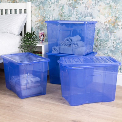 Wham Crystal 4 X 80L Stackable Plastic Storage Boxes With Lids Tint Spectrum Blue