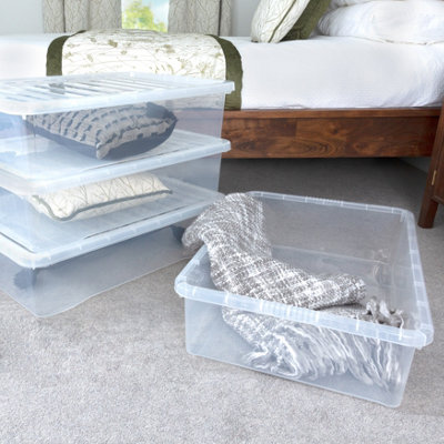 Wham Crystal 4 X 46L Stackable Plastic Storage Boxes With Lids Clear from B&Q