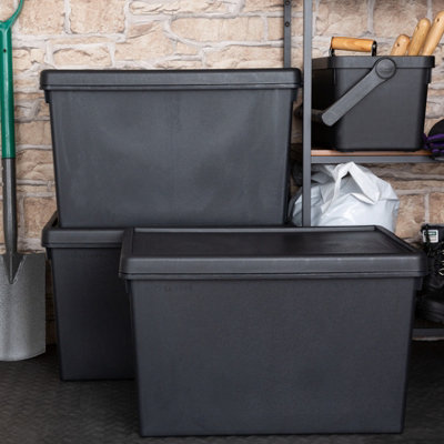 Wham Black Bam Heavy Duty Storage Boxes With Lids, Recycled And Recyclable Strong Box, Garage, Shed, Secure (62L, Set Of 3) 62L