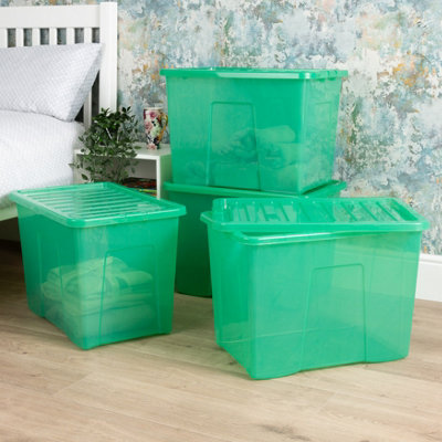 Wham Crystal 4 X 80L Stackable Plastic Storage Boxes With Lids Tint Leprechaun Green