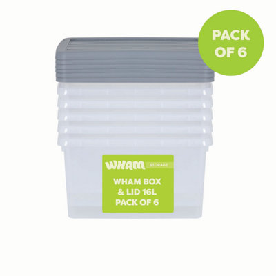 6 X Wham Box 16L Stackable Plastic Storage Box & Lid Clear/steel from B&Q