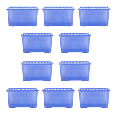 Wham Crystal 10 X 60L Stackable Plastic Storage Boxes With Lids Tint Spectrum Blue