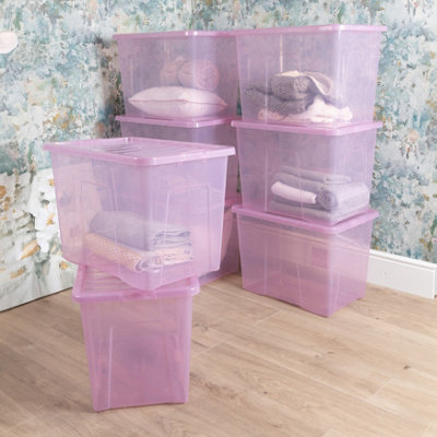 Wham Crystal 8 X 80L Stackable Plastic Storage Boxes With Lids Tint Dusky Orchid from B&Q
