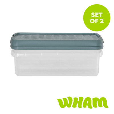 Wham Clip 2 X 7L Rectangular Plastic Storage Boxes With Clip Lock Lids. Ideal For Home, Office, Toys & More - Clear/ Milieu Green