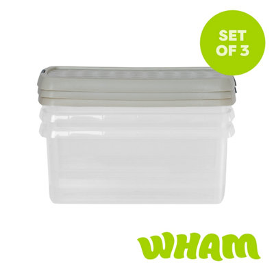 Wham Clip 3X 10.5L Rectangular Plastic Storage Boxes With Clip Lock Lids. Ideal For HomeOfficeToys & MoreClear/stone from B&Q