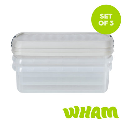 Wham Clip 3X 8.5L Rectangular Plastic Storage Boxes With Clip Lock Lids. Ideal For HomeOfficeToys & MoreClear/stone from B&Q