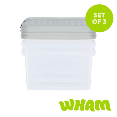 Wham Clip 3X Square Plastic Storage Boxes With Clip Lock Lids. Ideal For Home, Office, Toys & More - Clear/Stone 9L