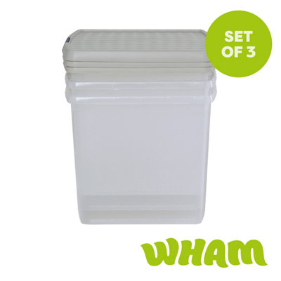 Wham Clip 3X 37L Square Plastic Storage Boxes With Clip Lock Lids. Ideal For HomeOfficeToys & MoreClear/stone from B&Q