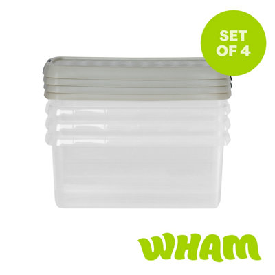 Wham Clip 4X 10.5L Rectangular Plastic Storage Boxes With Clip Lock Lids. Ideal For HomeOfficeToys & MoreClear/stone from B&Q