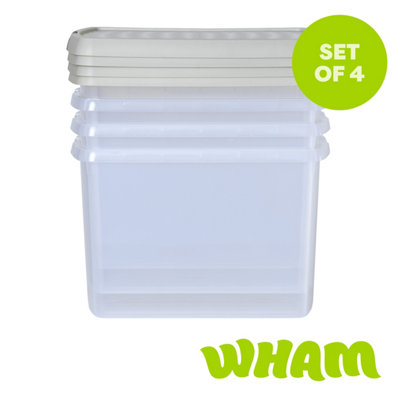 Wham Clip 4X 21.5L Rectangular Plastic Storage Boxes With Clip Lock Lids. Ideal For HomeOfficeToys & MoreClear/stone from B&Q