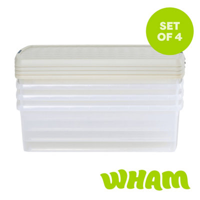 Wham Clip 4X 30L Rectangular Plastic Storage Boxes With Clip Lock Lids. Ideal For HomeOfficeToys & MoreClear/stone from B&Q