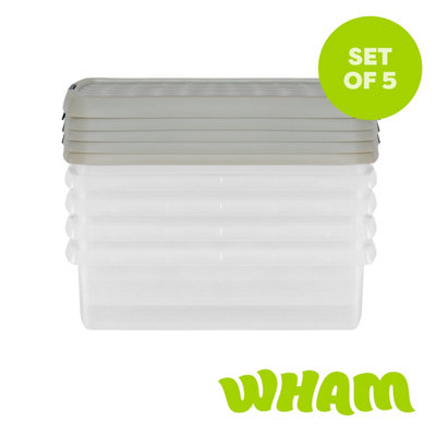 Wham Clip 5 X 7L Rectangular Plastic Storage Boxes With Clip Lock Lids. Ideal For HomeOfficeToys & MoreClear/stone from B&Q