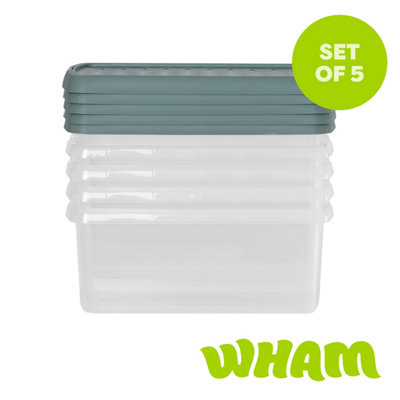 Wham Green Clip 5X Rectangular Plastic Storage Boxes With Clip Lock Lids. Ideal For Home, Office, Toys & More - Clear/ Milieu 10.5L