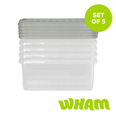 Wham Clip 5X 10.5L Rectangular Plastic Storage Boxes With Clip Lock Lids. Ideal For HomeOfficeToys & MoreClear/stone from B&Q