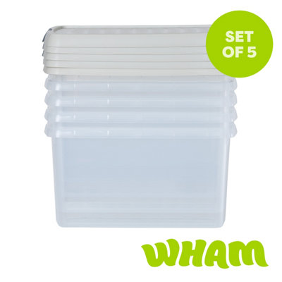 Wham Clip 5X Rectangular Plastic Storage Boxes With Clip Lock Lids. Ideal For Home, Office, Toys & More - Clear/Stone 14L